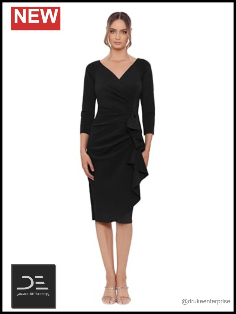3/4 Sleeve V-Neck Side Ruched Midi Sheath Dress Ruffle